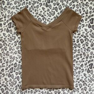 Women Off The Shoulder V Neck Seamless Top with Built in Bra Ribbed in Khaki